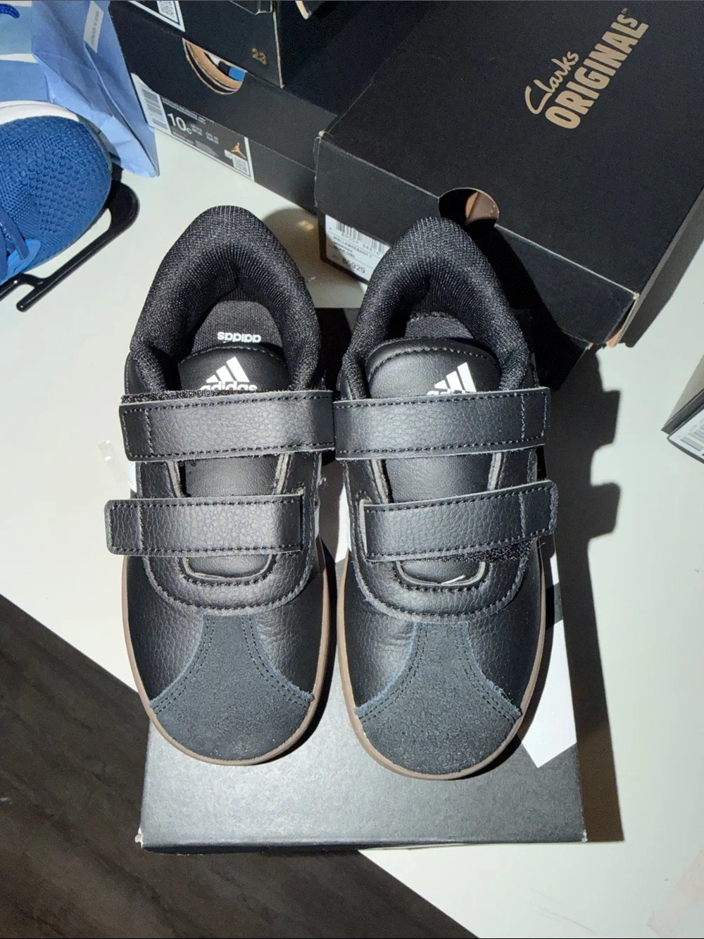 adidas Kids Black and White Velcro Court Sneakers with Gum Sole
